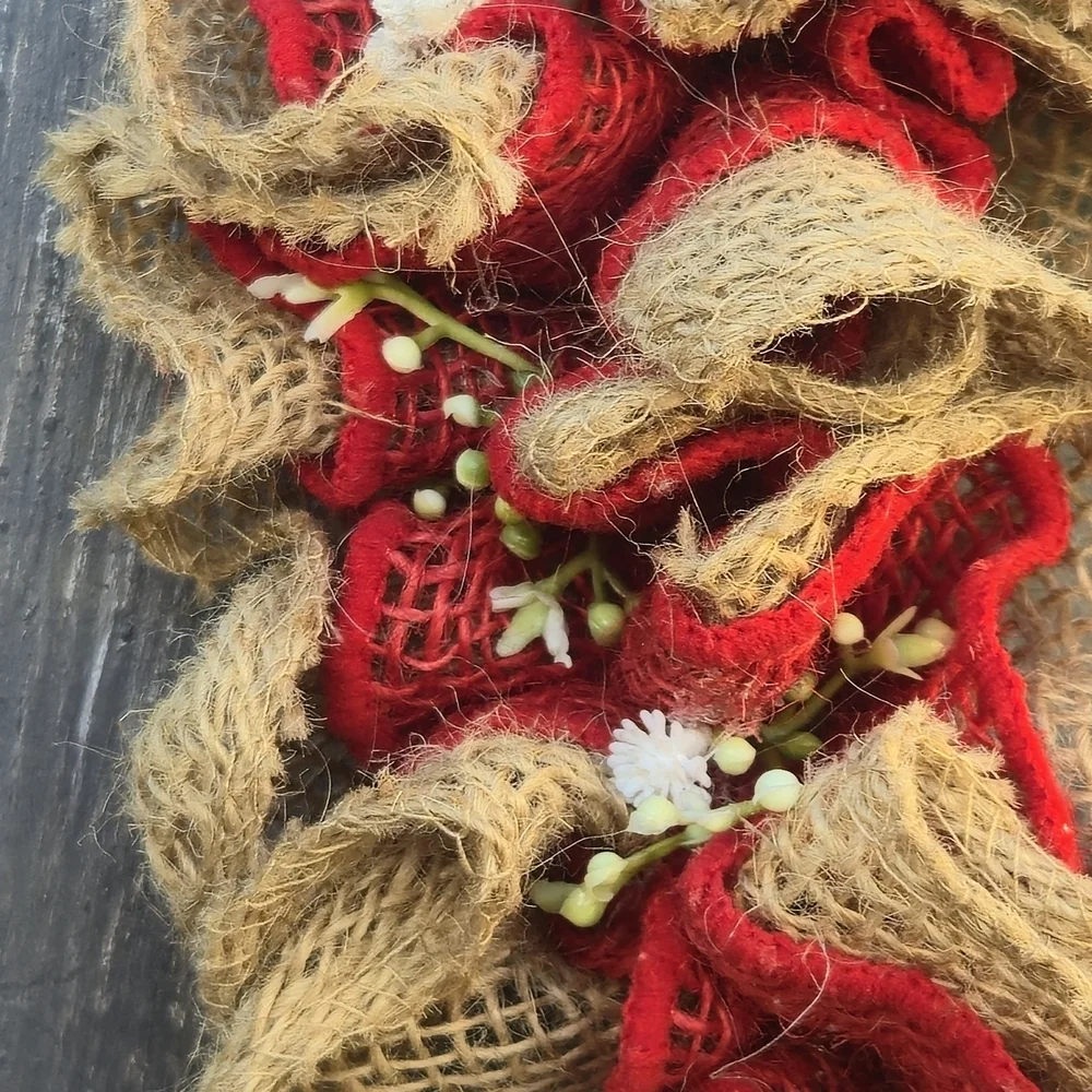 Handmade Rustic Heart-Shaped Burlap and Red Wreath Valentine's Day Wall Hanger